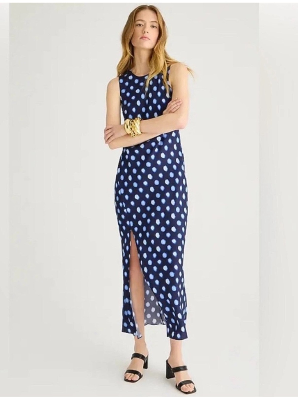 J. Crew NWT Sleeveless Navy Blue Polka Dot Midi Slip Dress Dot Drapey Cupro